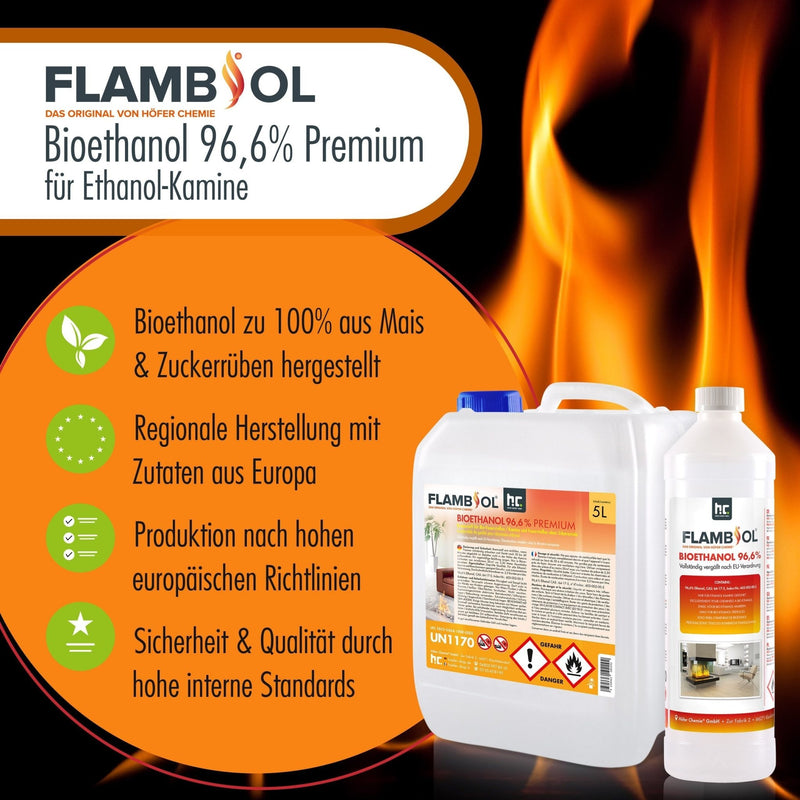 10 L FLAMBIOL® Bioethanol 96,6% Premium für Ethanolkamin in Kanistern - Höfer Chemie GmbH