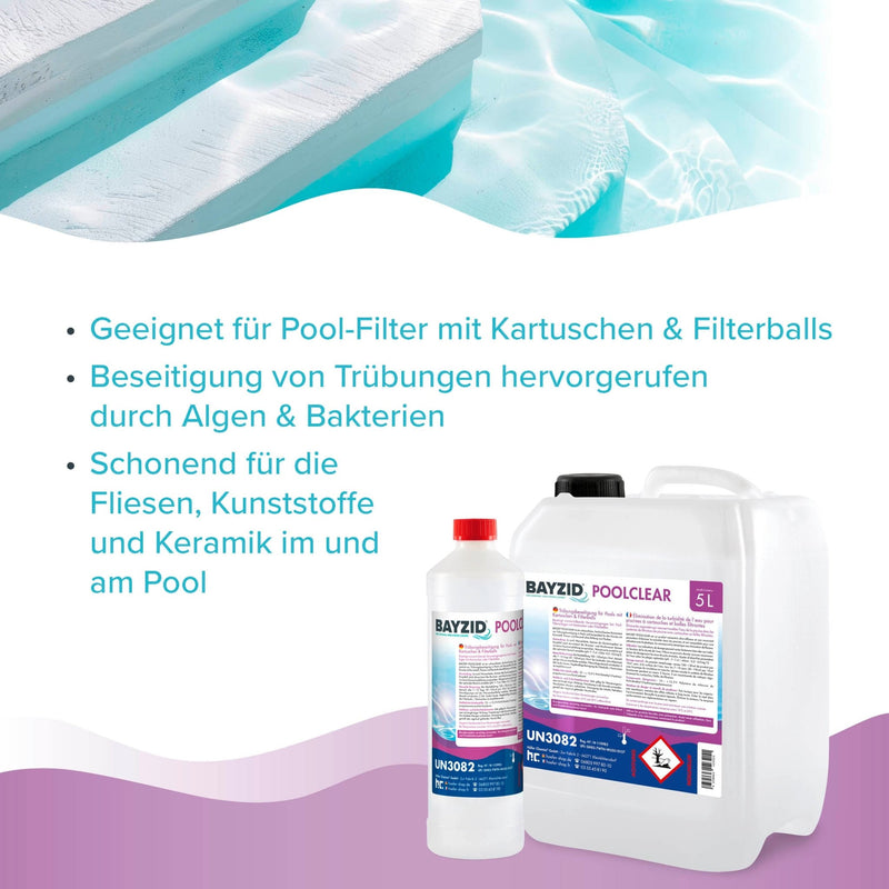 5 L BAYZID® Poolclear - Trübungsbeseitigung für Pool - Filter mit Kartuschen & Filterballs - Höfer Chemie GmbH