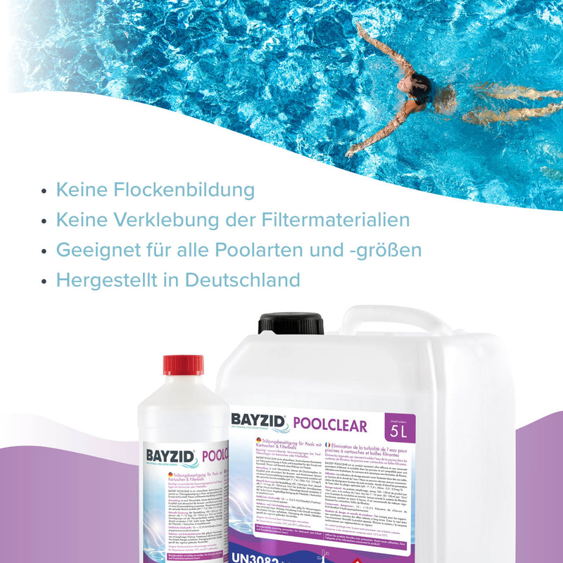 5 L BAYZID® Poolclear - Trübungsbeseitigung für Pool - Filter mit Kartuschen & Filterballs - Höfer Chemie GmbH