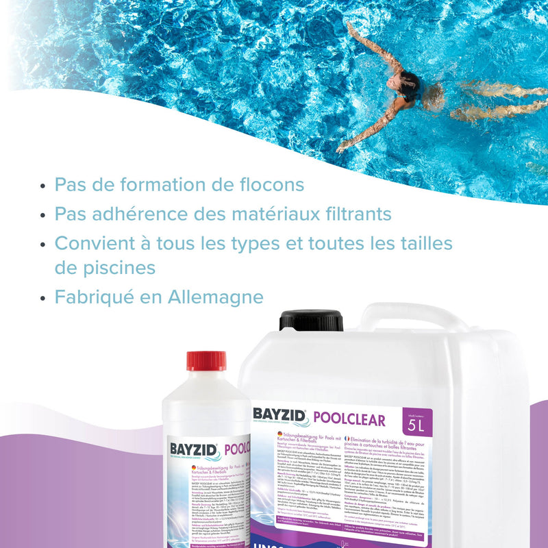 5 L BAYZID® Poolclear - Trübungsbeseitigung für Pool - Filter mit Kartuschen & Filterballs - Höfer Chemie GmbH