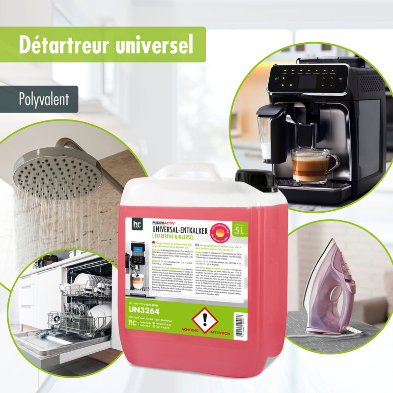 Détartrant universel Microactiv® avec indicateur de couleur pour machines à café entièrement automatiques en bidon de 5 L