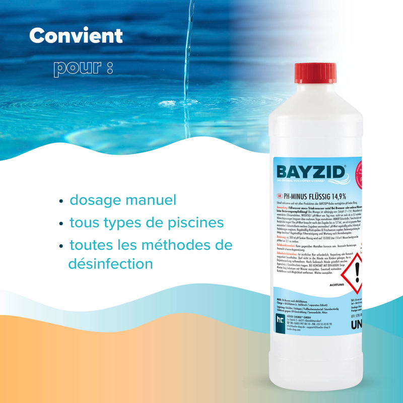 1 kg BAYZID® pH Minus flüssig 14,9% für Pools in Flaschen - Höfer Chemie GmbH