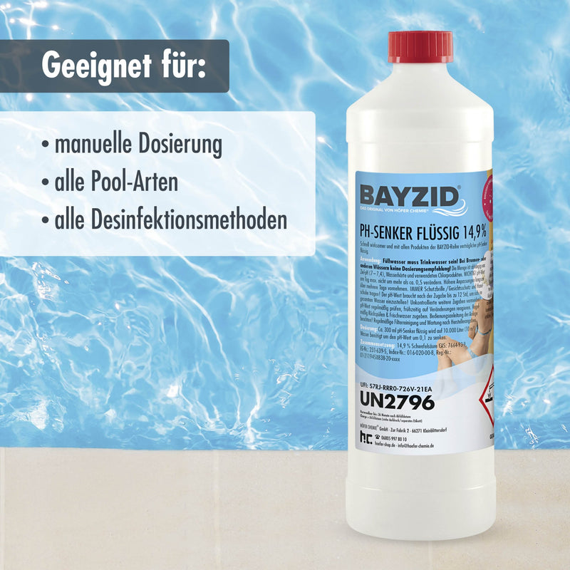 1 kg BAYZID® pH Minus flüssig 14,9% für Pools in Flaschen - Höfer Chemie GmbH