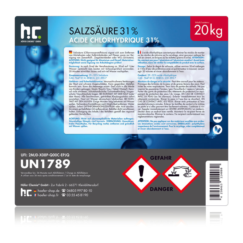 Acide chlorhydrique 29-32% Höfer Chemie® en bidon de 20 KG