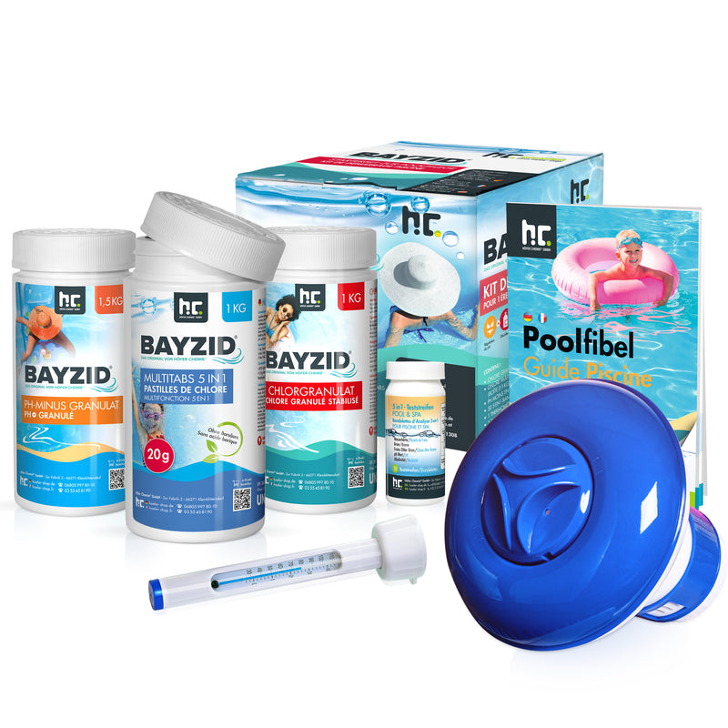 Kit de démarrage pour piscine avec 7 pièces dont chlore, pH moins et multitabs