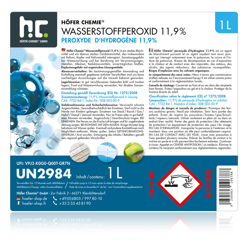 Péroxyde d'hydrogène 11,9 % Höfer Chemie® en bouteille de 1 L